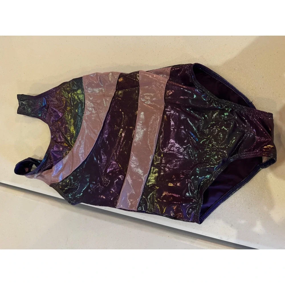 QooZZ Girls Gymnastics Leotard Metallic Iridescent Purple Green Dancewear 150cm